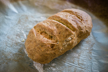Close-up of a fresh homemade bread on baking paper 