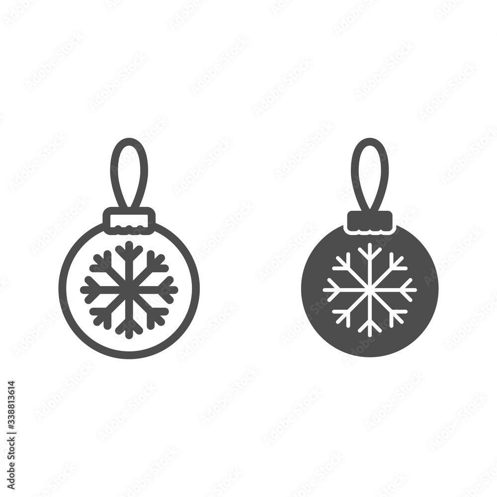 Poster glass tree toy with snowflake line and solid icon. christmas ball with snowflake outline style picto
