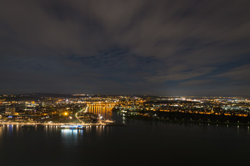 Fototapeta premium Panorama view of Koblenz, Germany at night. River Mosel runs into river Rhine at so called 