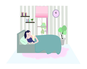 Activities when staying at home. Social distancing. People illustration .A woman sleeping in the room . Cute cartoon character person flat design .