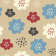 Fototapeta na wymiar Flowers and branches seamless pattern, hand drawn vector floral background with flowers, leafs, branches
