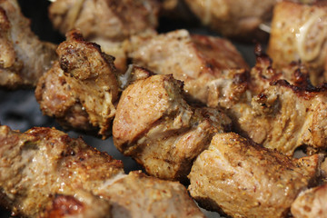 Pork shashlik kebab is fried on the grill on coals on skewers on the dacha. Background image, copy space