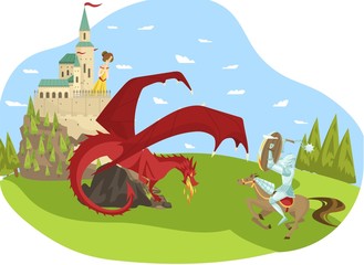 Fairy character prince defeat red dragon, save princess, castle, fortress, fantasy flat vector illustration. Rider on horse fighting fire breather serpent, male hero salvage female. Love story.