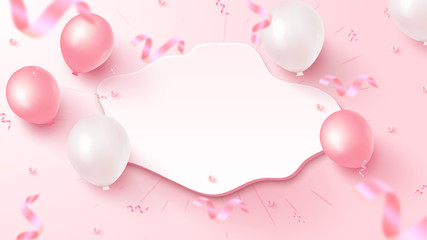 Festive banner design with white custom shape, pink and white air balloons, falling foil confetti on rosy background