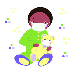 A little boy in a protective medical mask holds a teddy bear with a protective mask. Children's illustration on the topic of childcare.