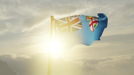 Flag of Fiji Waving in the wind, Sky and Sun Background, Slow Motion, Realistic Animation, 4K UHD 60 FPS Slow-Motion