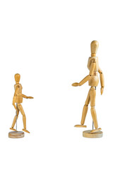 Two wooden mannequins facing each other isolated on white background - social distancing concept