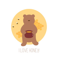 Cartoon brown bear holding honey pot. Greeting card with hand drawn brown bear. Vector illustration.