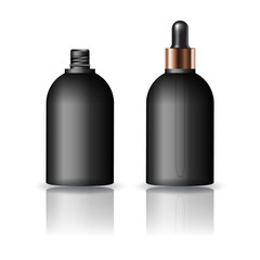 Blank black round cosmetic bottle with dropper lid for beauty or healthy product. Isolated on white background with reflection shadow. Ready to use for package design. Vector illustration.