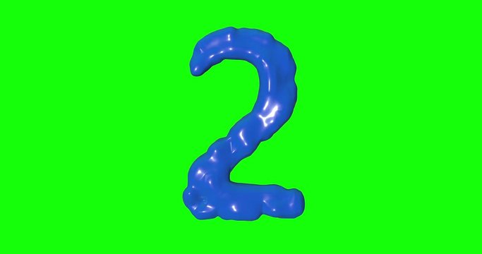 Paint number two 2 blue puffy paint relief typography green screen animation plastic digit 3d