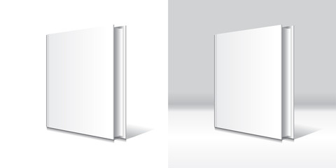 Blank white hardcover book mockup template. Isolated on white background and gray background with shadow. Ready to use for your business. Vector illustration.
