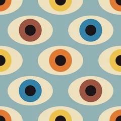 Gordijnen Naadloos patroon met minimaal 20s geometrisch ontwerp met ogen, vectorsjabloon met primitieve vormenelementen © C Design Studio