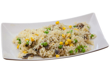 Tasty appetizing risotto on  white plate on  White background
