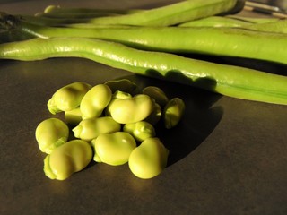 Green beans pods, close-up. Fresh beans (italian- baccelli) on a dark background, isolated.