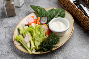 Vegetables platter with a yogurt as a dipping sauce, close up shot