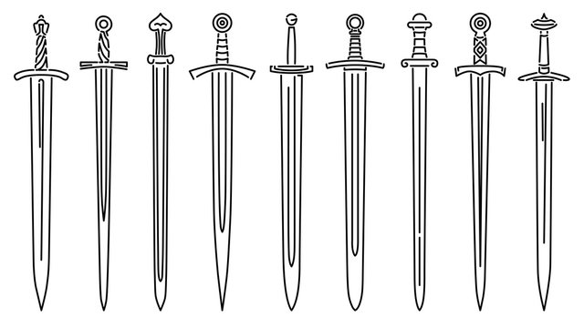 Set of simple vector images of medieval long swords drawn in art line style.