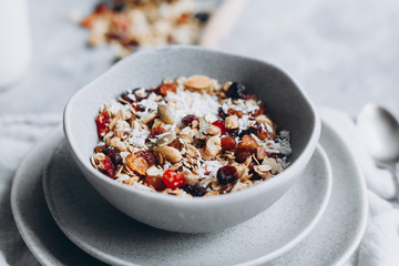 Homemade granola with milk in a plate