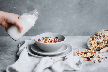 Homemade granola with milk in a plate