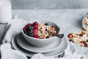 Homemade granola with milk in a plate