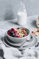 Homemade granola with milk in a plate