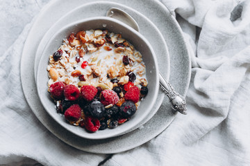 Homemade granola with milk in a plate