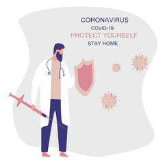 Stay Home. Protect Yourself.Doctor keeping Distance for Decrease Infection Risk For Prevent Virus Covid-19.
Stay Home on Quarantine During the Coronavirus Epidemic. Vector Illustration.