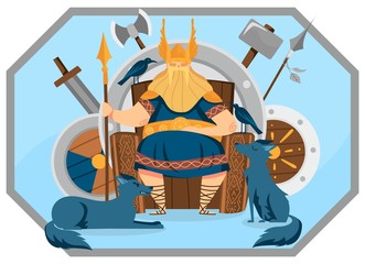 Viking kind with helmet wings character male, ruler sitting throne, sword, shield, axe, spear, flat vector illustration. Scandinavian war monarch, watchdog, raven. Wise leader, warlord sit on altar.