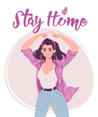 Stay home concept, quarantine, self isolation. Young modernly dressed happy stylish pretty girl shows gesture with her hands "I'm in the House". Awareness social media campaign coronavirus prevention