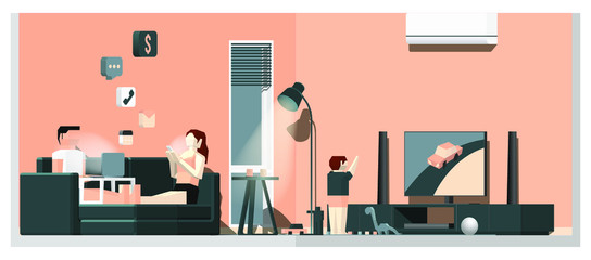 Vector illustration of a man work from home. On his couch with his family