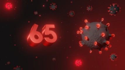 Number 65 in red 3d text on dark corona virus background, 3d render, illustration, virus