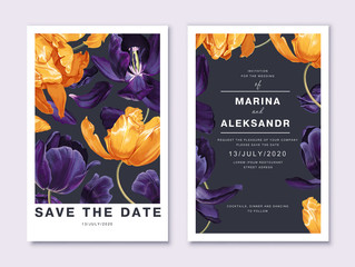 Floral wedding invitation card template with yellow and dark blue tulip flowers on black background. High realistic, detailed, hand drawn, vector botanical elements for greeting, birthday cards.