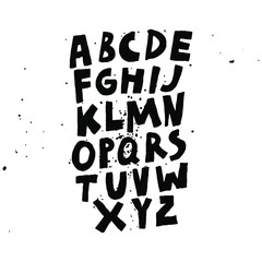 Black alphabet isolated on white background. Black paint splash. Cute stylish lettering drawn by hand. Collection set of english letters. Design for poster, card, shirt, mug.Vector stock illustration.