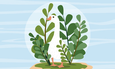 Big white goose in thickets of high green plants. Domestic bird. Children's vector illustration