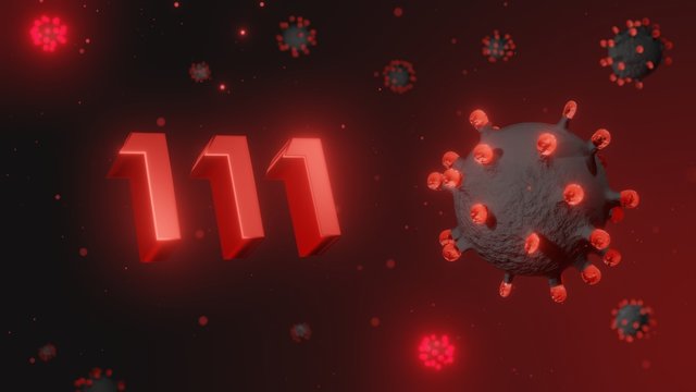 Number 111 in red 3d text on dark corona virus background, 3d render, illustration, virus