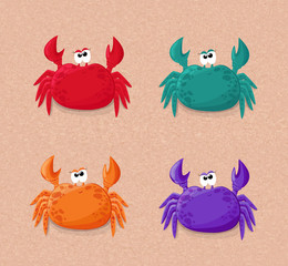 Crab set. Color collection crabs. Ocean animal, sea life. Smiling funny crabs isolated. Closeup. Summer colorful ocean animals icons.