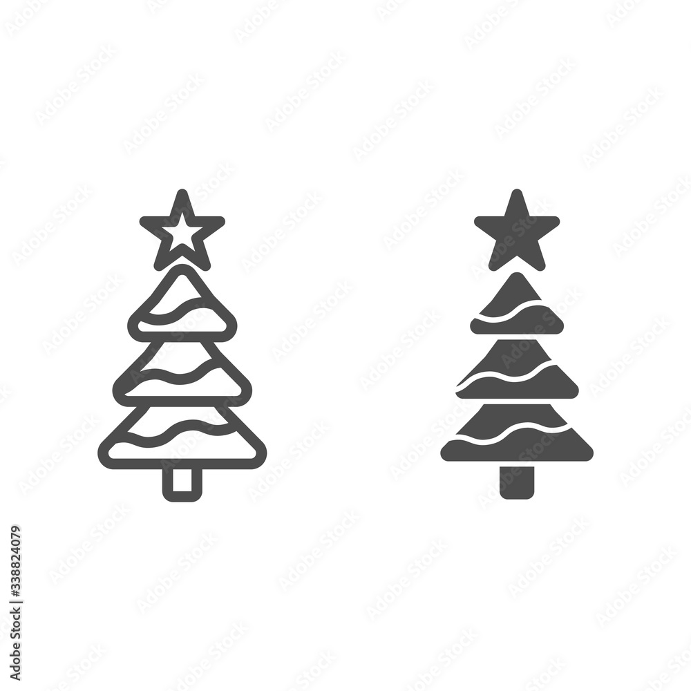Poster tree with a star line and solid icon. decorated conifer firtree outline style pictogram on white bac
