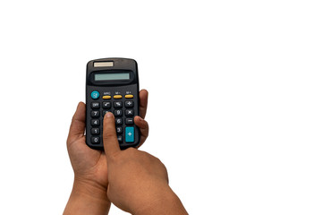 Hand holding calculator isolated on white background.