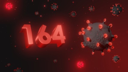 Number 164 in red 3d text on dark corona virus background, 3d render, illustration, virus