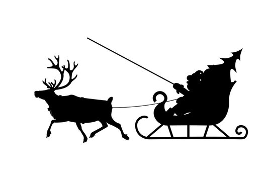 Silhouette of Santa Claus in his christmas sled pulled by reindeer
