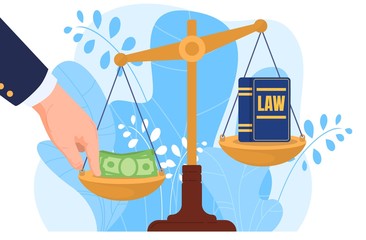 Corruption, hand put money on scale, bribery, law, isolated on white, flat vector illustration. Corrupt practices in legal system, jurisprudence, judicial practice, design banner, leaf background. - obrazy, fototapety, plakaty