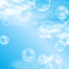 Summer sky with soap bubbles vector background. Clouds and clean dreamy sky poster, banner. Shiny foam spheres floating in the air for relaxed mood, enjoyment, freedom, harmony and happiness concept.