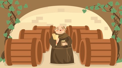 Life in middle ages, cheerfully christian monk, wine cellar, bodega, old male character, flat vector illustration. Design friar, alcohol cup, elder scroll, green vine, religious man.