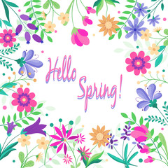Fototapeta na wymiar Hello Spring Flowers Text white Background