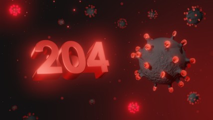 Number 204 in red 3d text on dark corona virus background, 3d render, illustration, virus