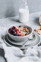 muesli with berries,granola with milk in a plate