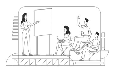 Business school thin line vector illustration. Teacher and students outline characters on white background. Corporate mentorship, professional training course, coaching simple style drawing