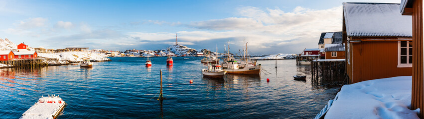 Harbor panorama a sunny winter day, Lofoten Islands, Norway. - obrazy, fototapety, plakaty
