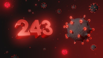 Number 243 in red 3d text on dark corona virus background, 3d render, illustration, virus