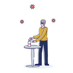 Concept Of Quarantine Coronavirus Epidemic. Man Wears Protective Face Mask And Disinfect His Hands By Antibacterial Gel To Prevent Infection Spreading. Cartoon Linear Outline Flat Vector Illustration
