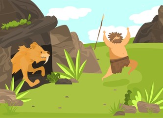 Unsuccessful hunting, character male, saber toothed tiger from cave attack man with spear, flat vector illustration. Ancient tribe on hunt, wildlife nature, design banner for old ages.